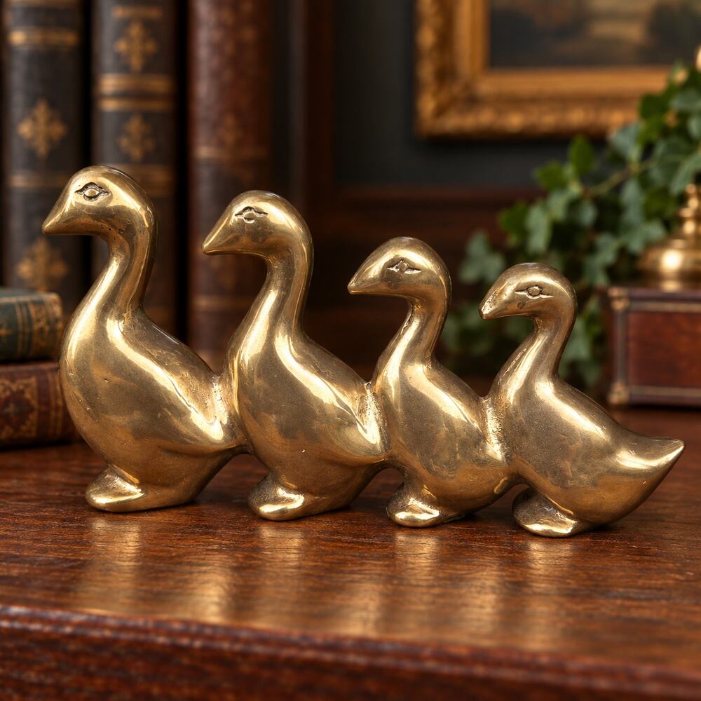 Vintage Brass Duck Family Figurine Taiwan | 4 Geese Birds MCM Decor 6.5”